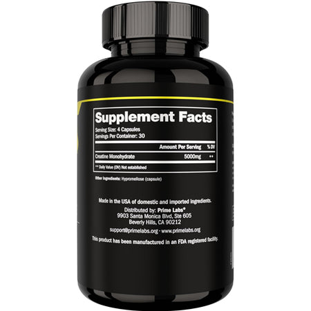Close-up of Prime Labs Creatine bottle back Supplement Facts panel, 4-capsule serving with 5000mg creatine monohydrate, 30 servings