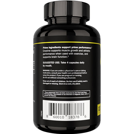 Prime Labs Creatine bottle back label with suggested use to take 4 capsules daily, warnings and barcode